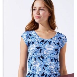 LOFT Linen Floral Blue and White Top Size XXL